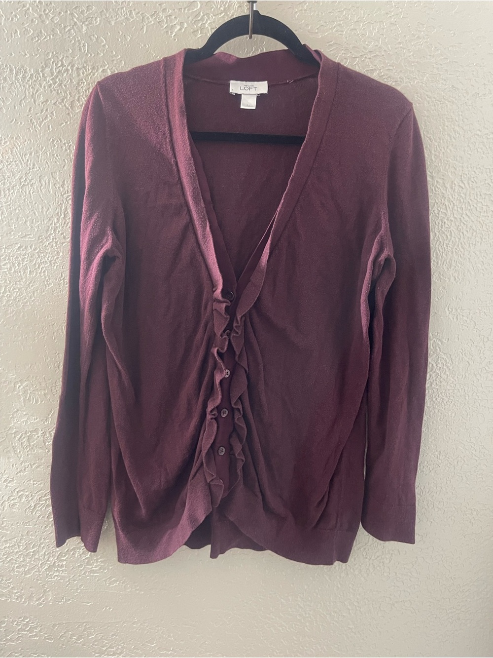 LOFT Women’s Casual Plum Ruffle-Front Lightweight Cardigan XL